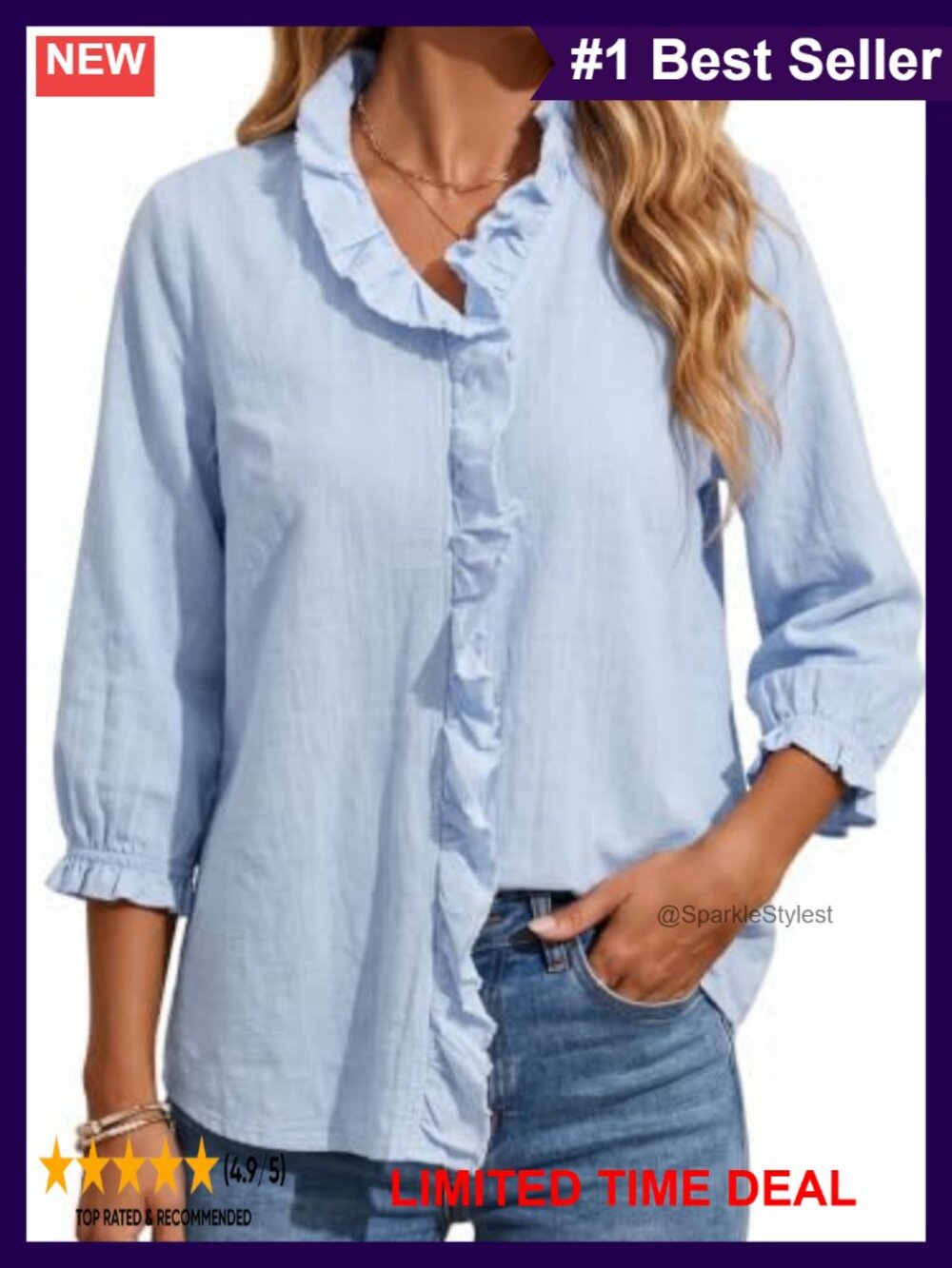 100% Cotton Ruffle Blouse 3/4 Sleeve Casual Women's Top
